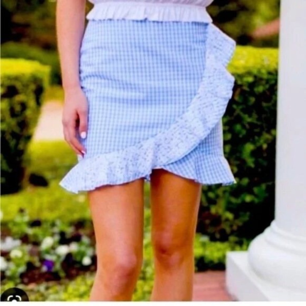J.Marie Blue Gingham Ruffle Mini Skirt Floral Embroidery JM1113 Womens Size S